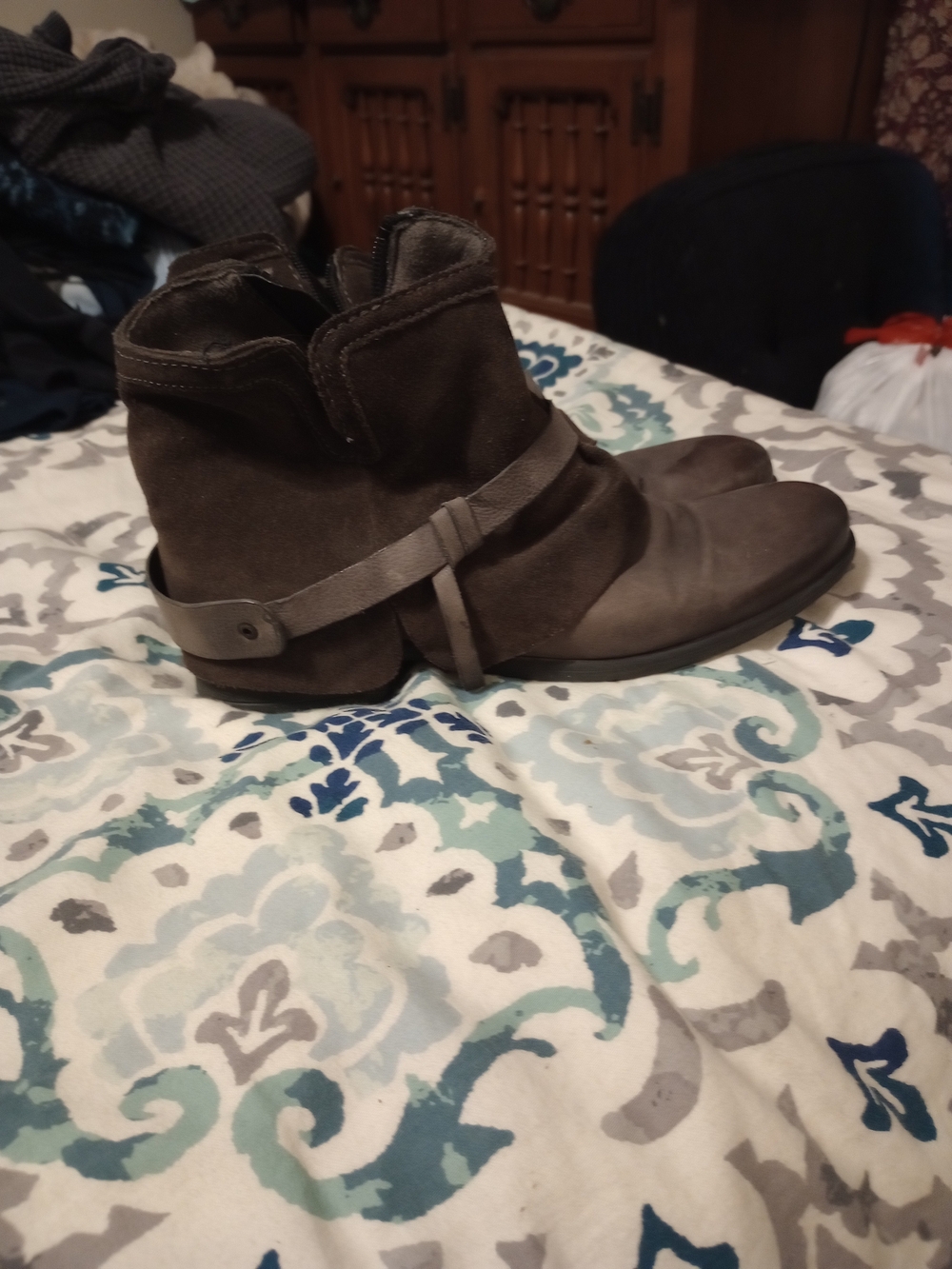 Miz Mooz Brown Suede Ankle Booties with Strap Detail